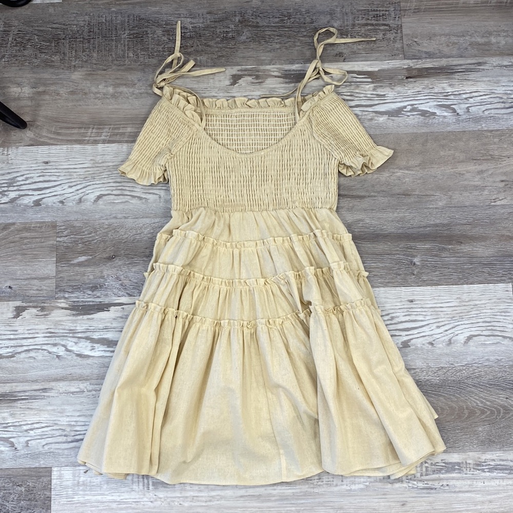 Smocked Bodice Off The Shoulder Dress- Mable. Multiple Sizes Available. Taupe. - Picture 2 of 3